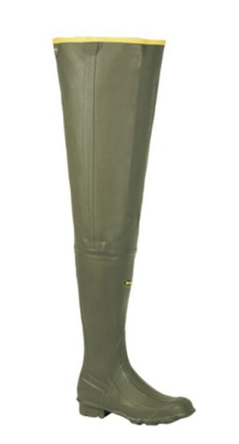 A single tall green rubber boot with a yellow trim at the top.