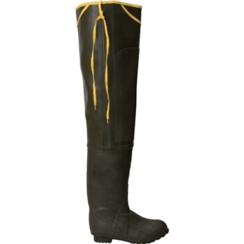 Single black wader boot with a tall shaft and a yellow drawstring at the top, side profile view.