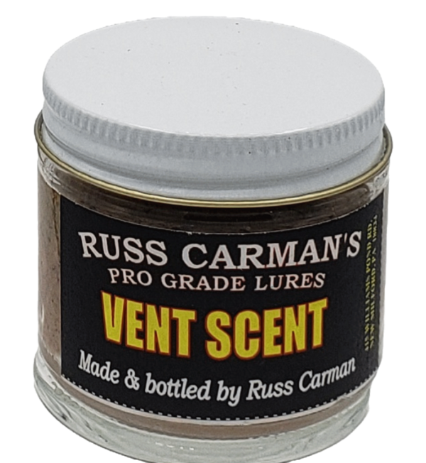 Carman's Pro Grade Vent Scent Lure: jar with a sleek dark label and a white lid.