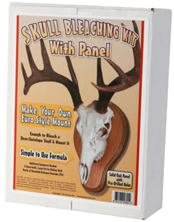 Skull Bleaching and Mounting Kit box, featuring an antelope skull on wood, with instructions and components listed.