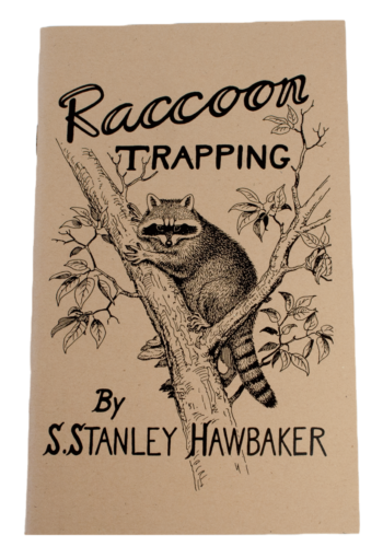 Vintage book cover "S. Stanley Hawbaker - Raccoon Trapping" features a raccoon perched on a tree.