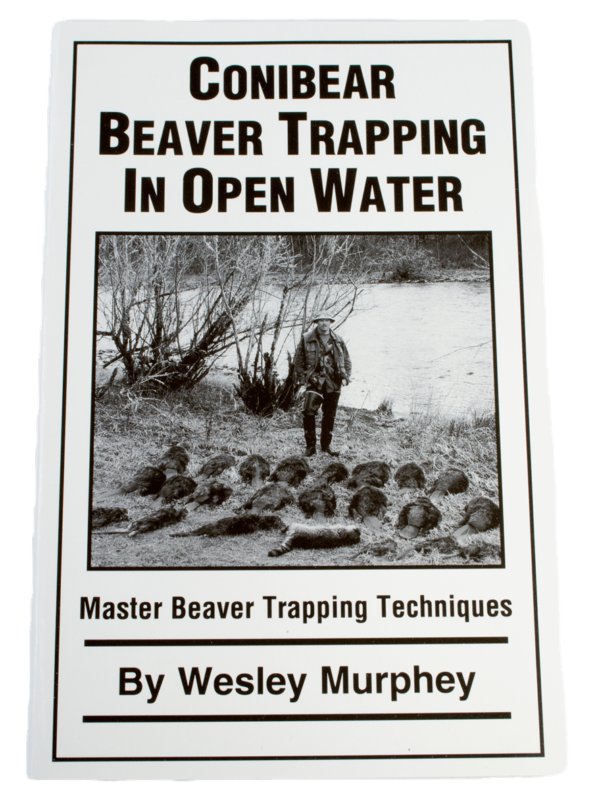 The book cover "Conibear Beaver Trapping in Open Water" by Wesley Murphey shows someone near beavers.