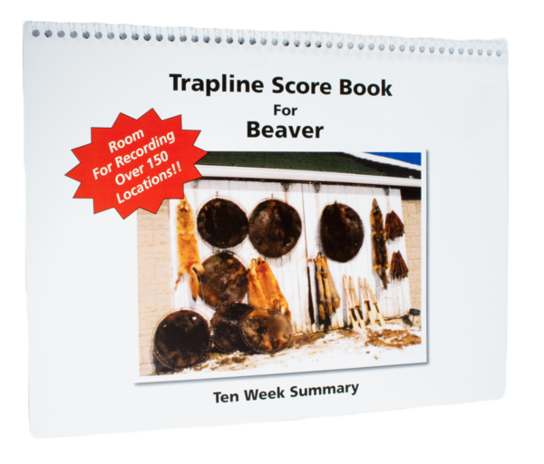 Cover of "Trapline Score Book for Beaver" by Don Powell, shows hanging pelts and a red starburst note.