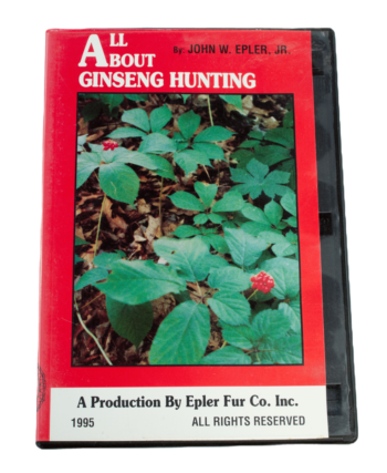 Red VHS cover, "John Epler, Jr. - All About Ginseng Hunting," with ginseng plants and red berries.