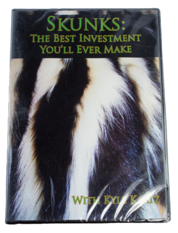 DVD named "Kyle Kaatz - Skunks: The Best Investment You'll Ever Make" on skinning, cover features a skunk fur background.