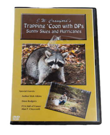 DVD cover titled "J.W. Crawford - Trapping 'Coon with DPs - Sunny Skies & Hurricanes," featuring outdoor raccoon trapping techniques.