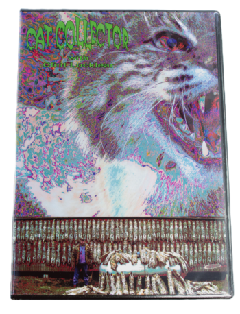 The DVD cover of "Clint Locklear - Cat Collector" shows a psychedelic cat face above pelts, with the collector below.