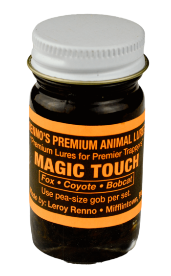 Renno's Magic Touch Lure in a small bottle for foxes, coyotes, and bobcats.