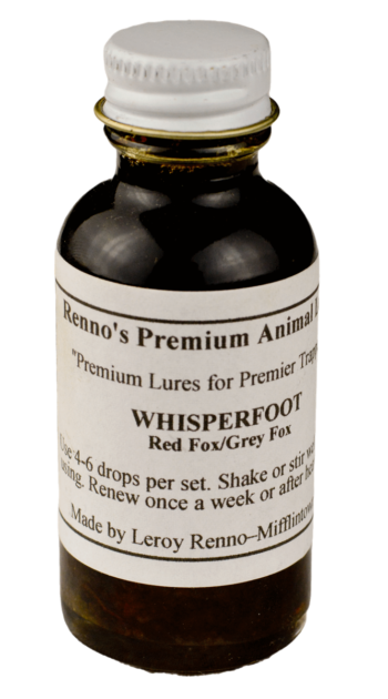 Small bottle of Renno's Whisperfoot Lure with dropper instructions, ideal for red and grey foxes.