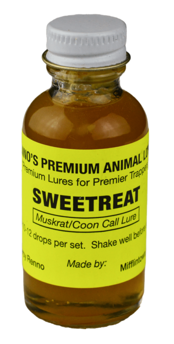 Renno's Sweet Treat Lure, a glass bottle with yellow and black text, is perfect for trapping muskrats or raccoons.