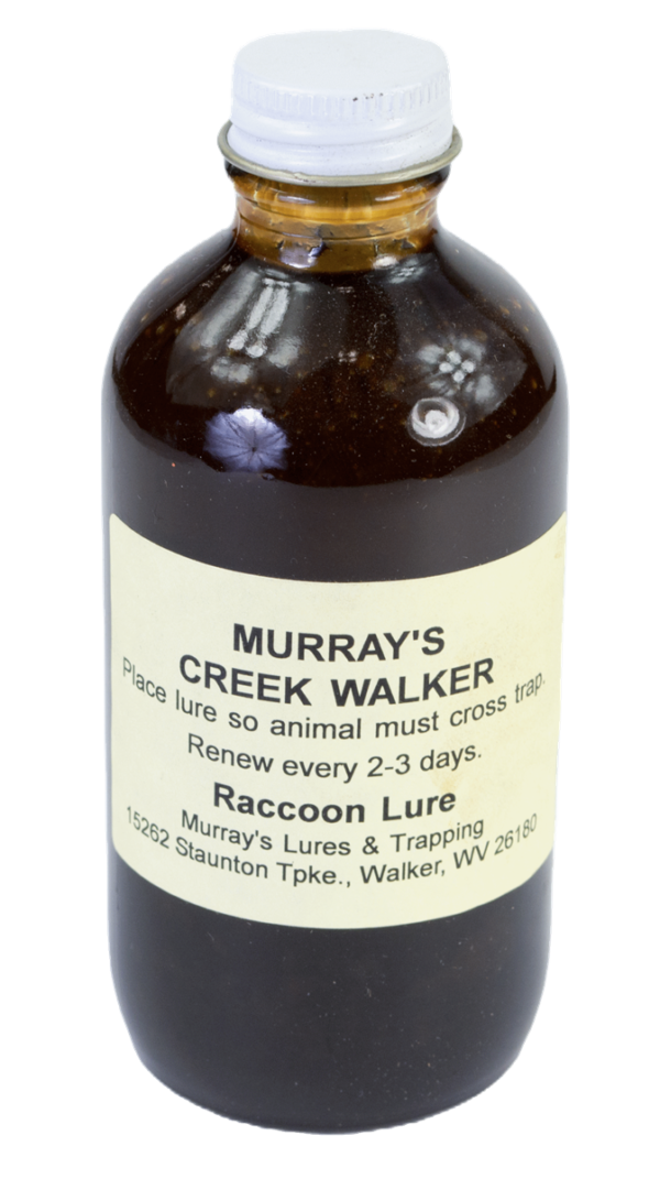 A brown bottle labeled "Murray's Creek Walker Lure" is a perfect trapping lure with instructions and contact info.