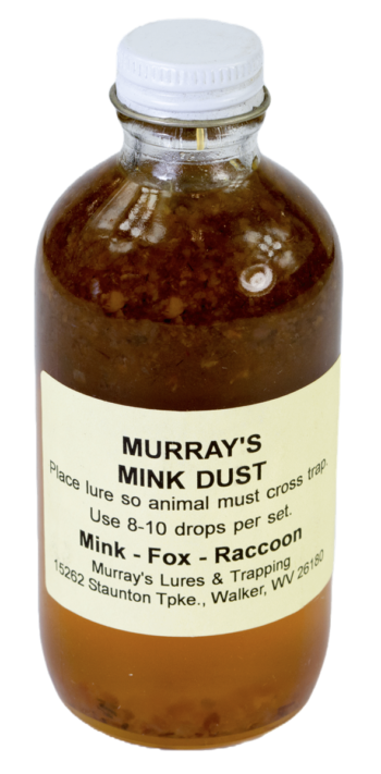 A Murray's Mink Dust Lure glass bottle shows particles, labeled for mink, fox, and coyote trapping.