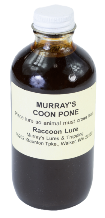 A bottle of Murray's Coon Pone Lure from Walker, WV contains brown liquid for use as a coon trapping lure.