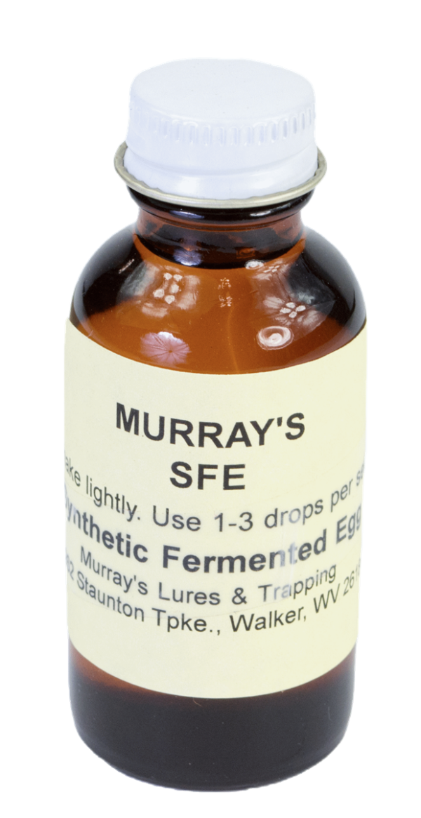 A small brown bottle labeled "Murray's SFE Lure" for synthetic fermented egg trapping.