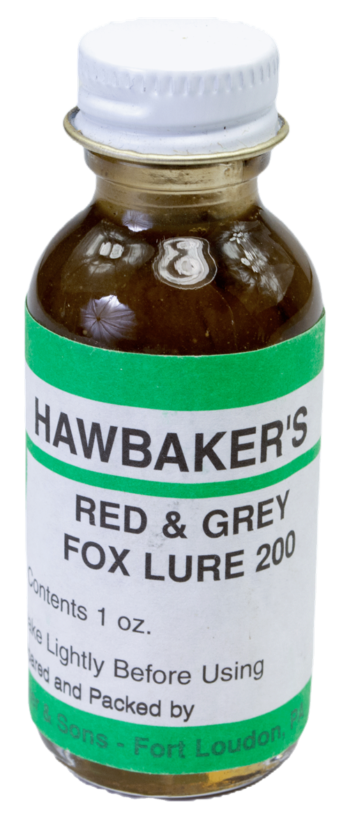 A 1 oz. bottle of Hawbaker's Red & Grey Fox Lure 200, with green and white packaging, for trapping lure use.