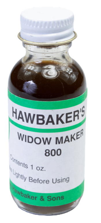 Small 1 oz bottle labeled "Hawbaker's Widow Maker 800 Lure," a trapping lure with a green and white label.