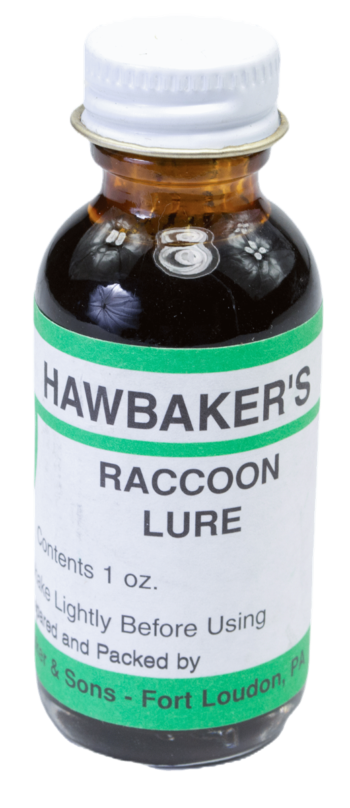 A 1 oz small glass bottle of Hawbaker's Raccoon Lure with a green and white label.