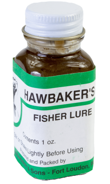 Small 1 oz bottle of Hawbaker's Fisher Lure; shake or stir before use.