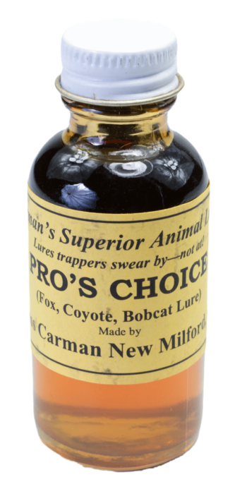 Amber liquid in a glass bottle with a white cap, Carman's Pro's Choice Lure attracts fox, coyote, and bobcat.