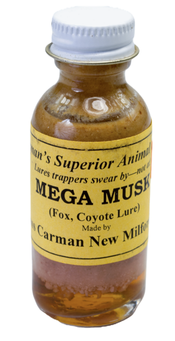 Carman's Mega Musk Lure, a trapping lure for foxes and coyotes, comes in a small glass bottle with a metal cap.