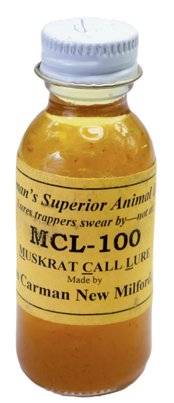 Small bottle labeled "Carman's MCL 100 Muskrat Call Lure," amber liquid, white cap.