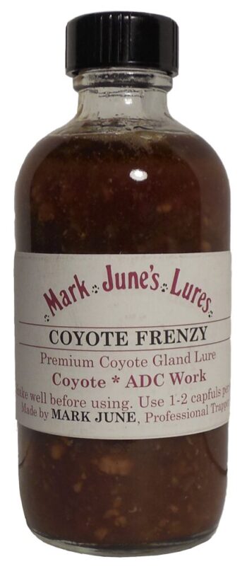 A bottle of Mark June's Coyote Frenzy lure; shake well, use 1-2 capfuls per set.