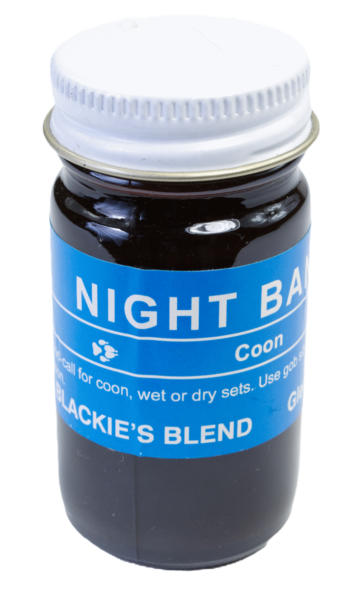 A jar labeled "Blackie's Night Bandit Lure" contains a dark liquid for trapping wildlife.