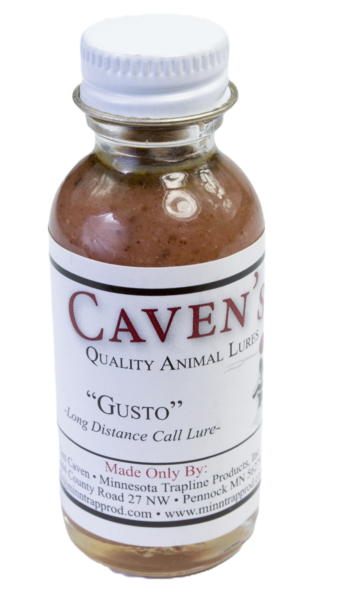 A Caven's Gusto Lure bottle, a top bobcat lure for long-distance calling, made in Minnesota.