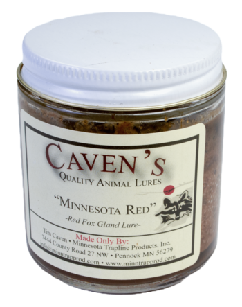 Jar of Caven's Minnesota Red Lure for red foxes, featuring white lid.