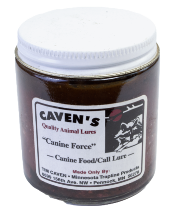 Caven's Canine Force Lure jar for coyote trapping, a quality product by Minnesota Trapline Products.