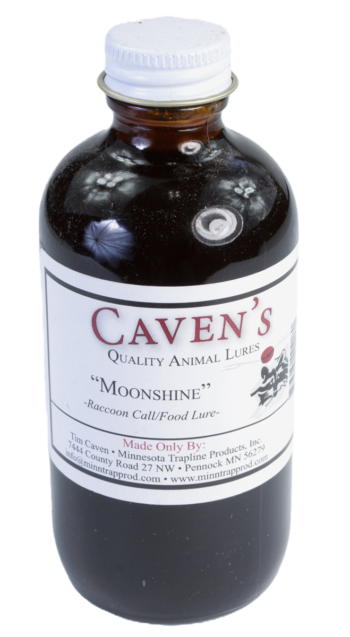 Bottle of Caven's Moonshine Lure for raccoons, featuring a dark, waterproof liquid.