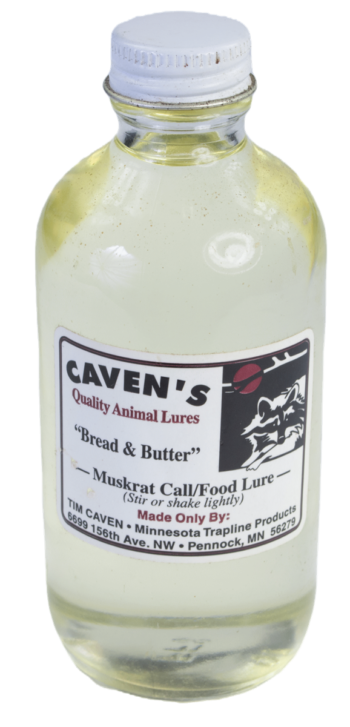 Bottle of must-have Caven's Bread and Butter muskrat lure by Minnesota Trapline. Stir or shake lightly.