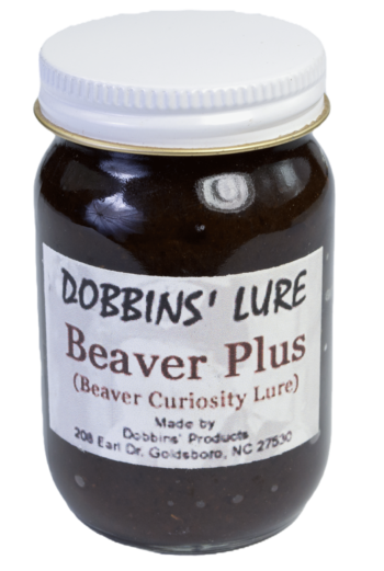 Jar of Dobbins' Beaver Plus Lure, a top trapping lure for beaver curiosity with contact info at the bottom.