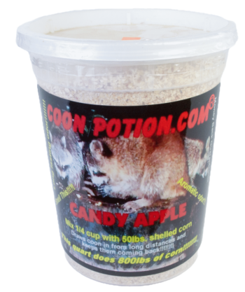 The "Coon Potion" plastic container with raccoon images is ideal as a corn mix to attract wildlife.