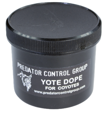 Black container of PCG Yote Dope, a trapping lure with a bold coyote head logo from Predator Control Group.