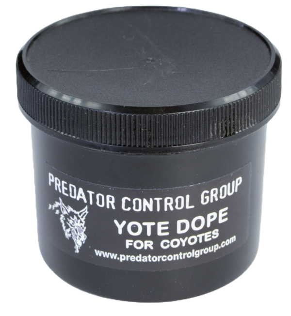 Black container of PCG Yote Dope, a trapping lure with a bold coyote head logo from Predator Control Group.