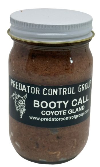 PCG Coyote Gland Booty Call jar trapping lure, brown mix, metal lid.