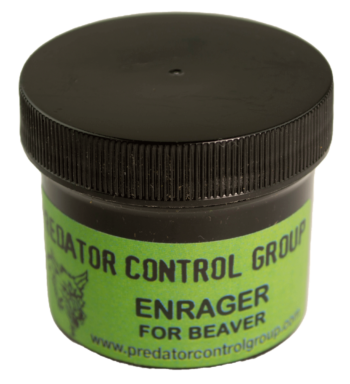 Black PCG Enrager Lure container for beaver, on green background.