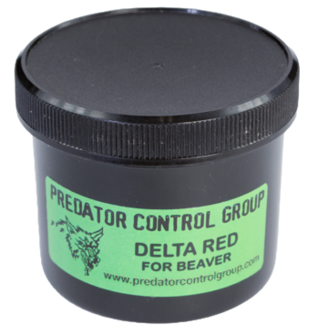 Black container labeled "PCG Delta Red Lure" with a wolf logo; ideal for effective beaver trapping.