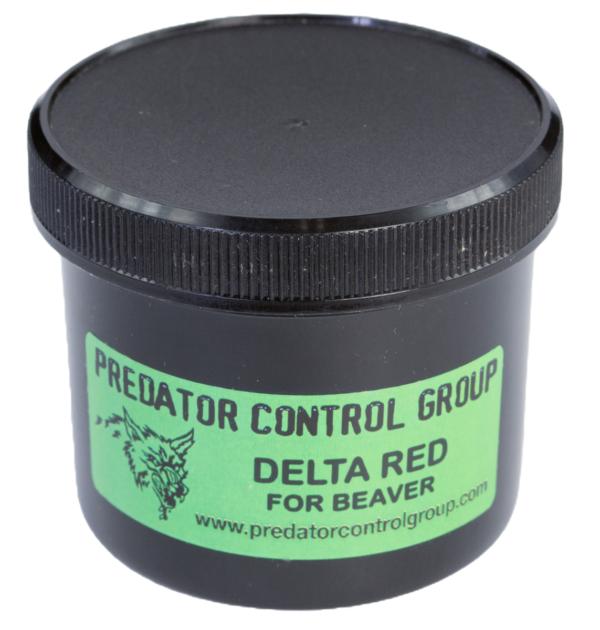 Black container labeled "PCG Delta Red Lure" with a wolf logo; ideal for effective beaver trapping.