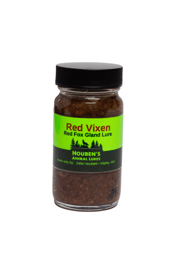 A jar of Houben's Red Vixen Red Fox Gland Lure with black lid and green label, perfect for trapping.