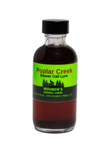 A small glass bottle labeled "Houben's Poplar Creek Beaver Call Lure," with dark liquid, ideal for trapping.