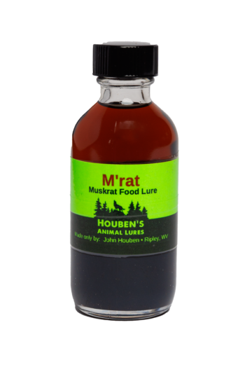 A 2oz glass bottle labeled "Houben's M'Rat Muskrat Food Lure" with dark liquid inside.