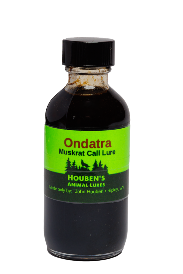 A 2 oz glass bottle labeled "Houben's Ondatra Muskrat Lure" with green and black design, featuring a black cap.