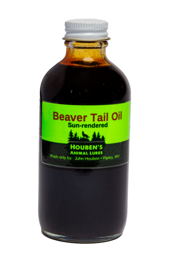 A bottle of Houben's Beaver Tail Oil labeled as an animal lure, from Ripley, WV.