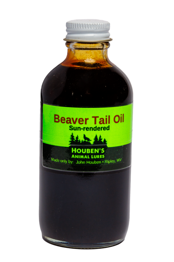 A bottle of Houben's Beaver Tail Oil labeled as an animal lure, from Ripley, WV.