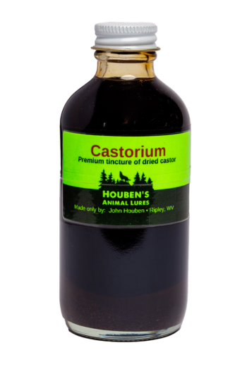 A "Houben's Castorium" bottle with a green label and silver cap: Premium tincture of dried castor.