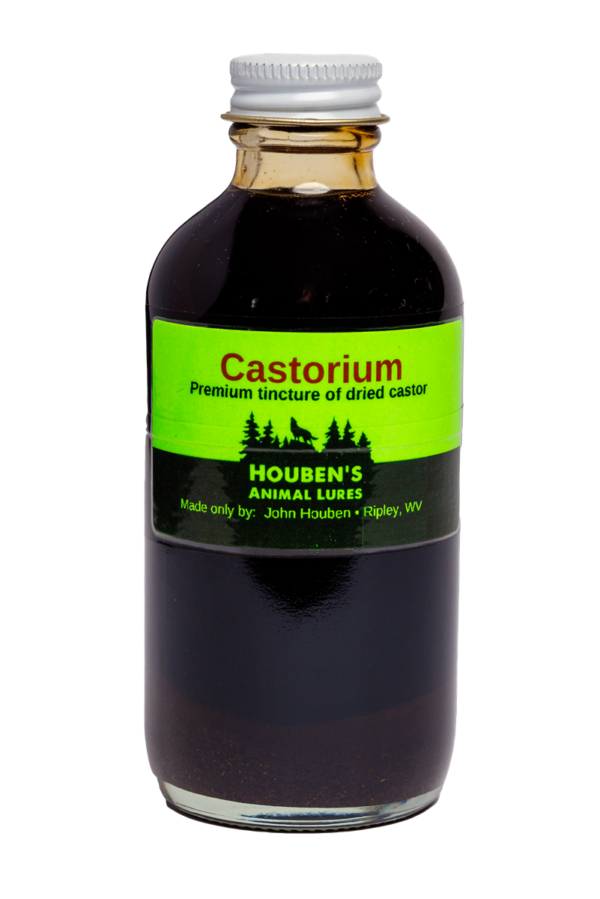 A "Houben's Castorium" bottle with a green label and silver cap: Premium tincture of dried castor.