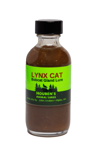 A small 2 oz glass bottle labeled "Houben's Lynx Cat Lure" with a green label, containing a dark liquid.