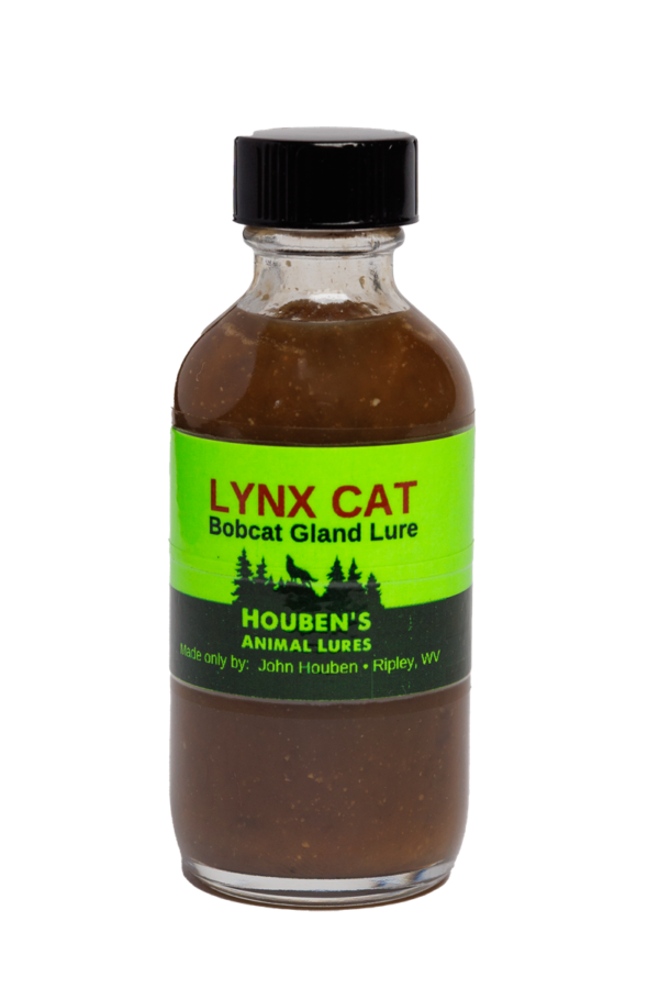 A small 2 oz glass bottle labeled "Houben's Lynx Cat Lure" with a green label, containing a dark liquid.